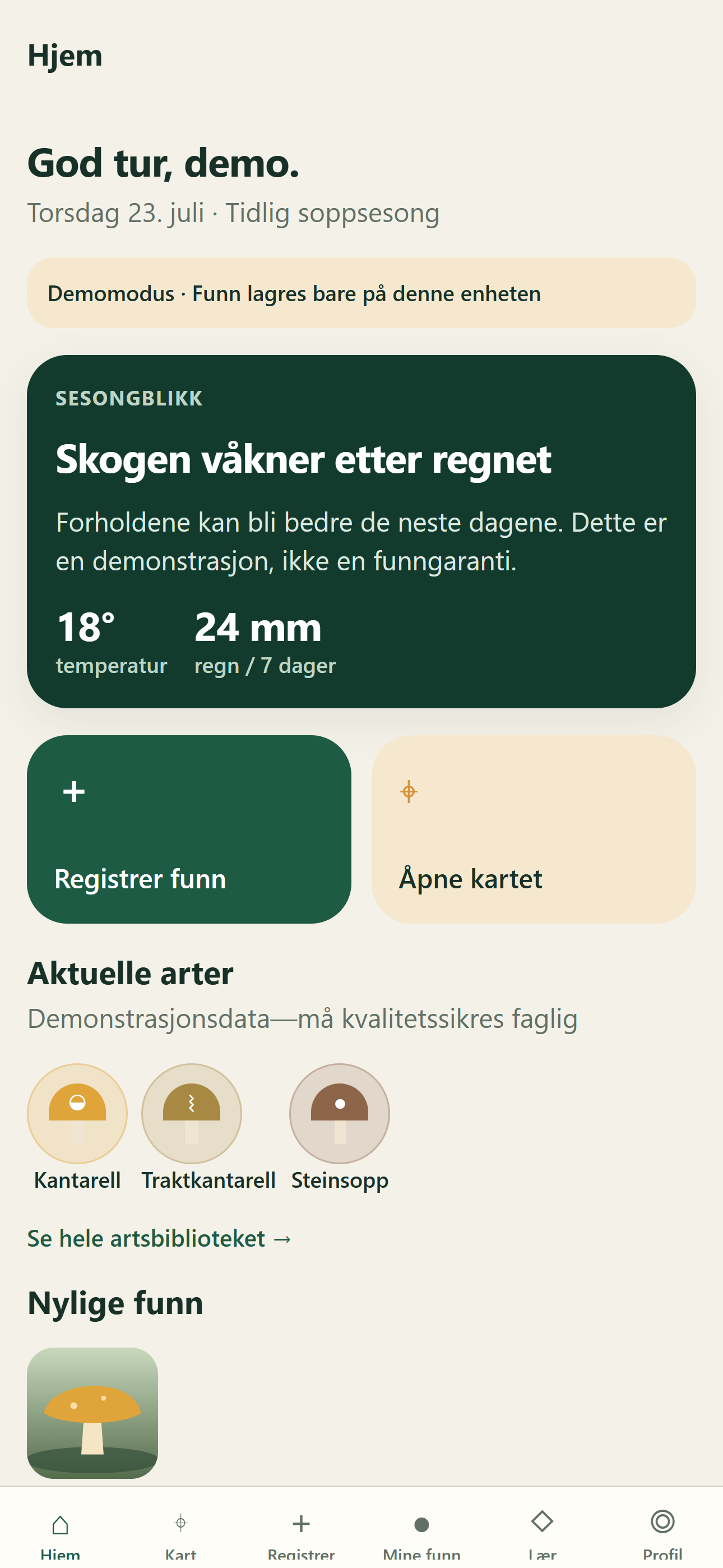 Mycoverse-forsiden med snarveier til å registrere funn og åpne kartet