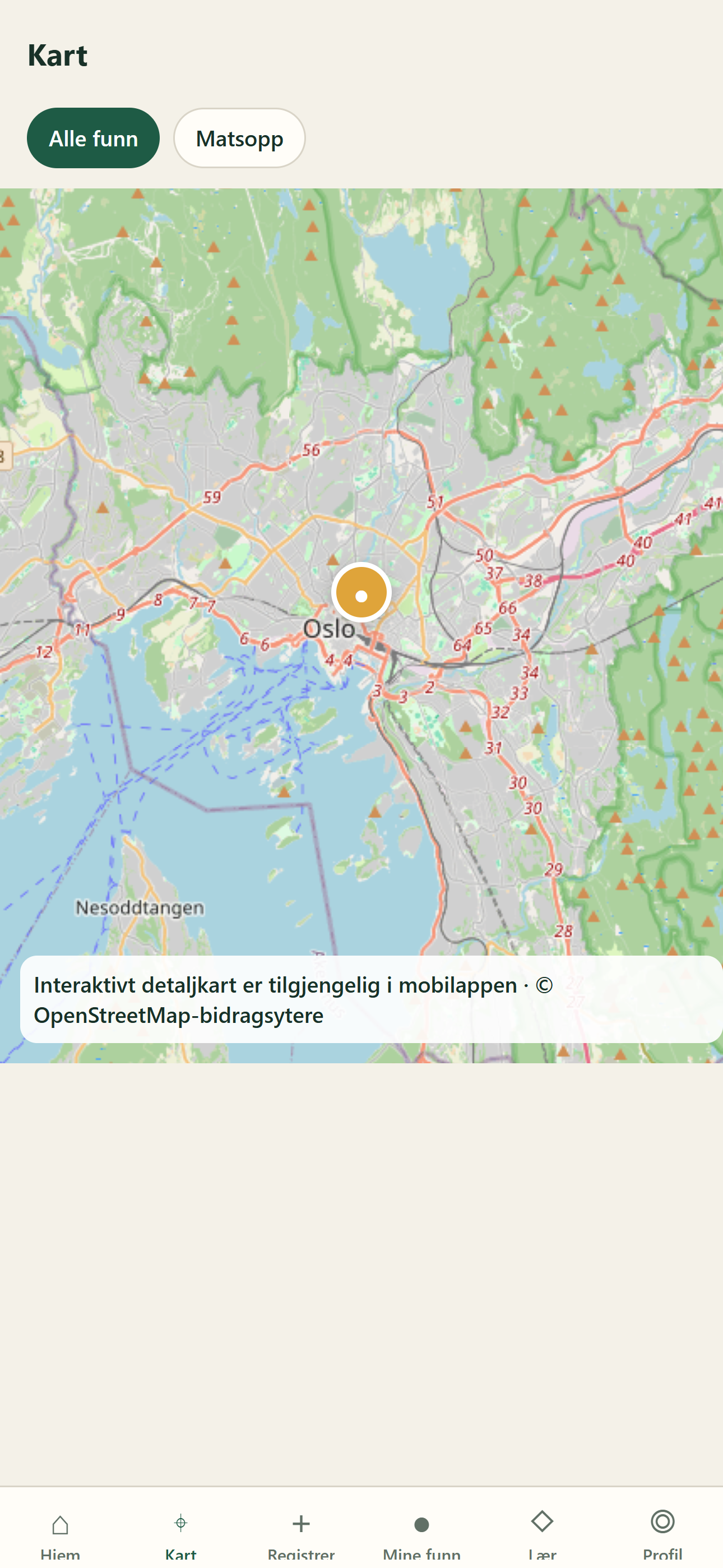 Mycoverse-kartet med et privat funn markert