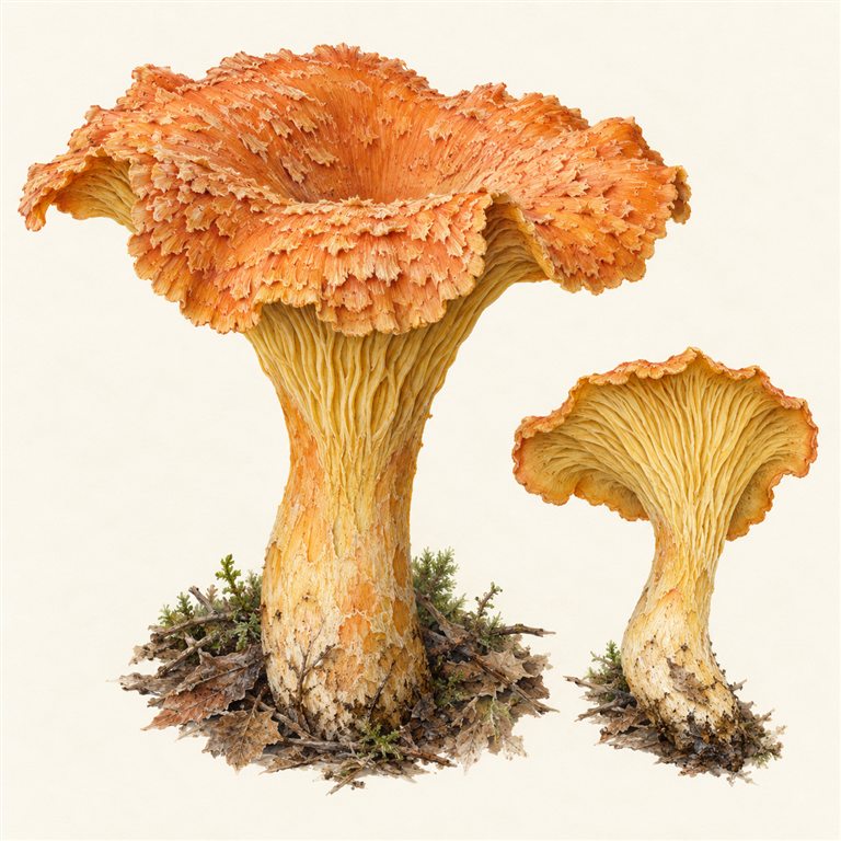 Skjelltraktkantarell (Turbinellus floccosus)