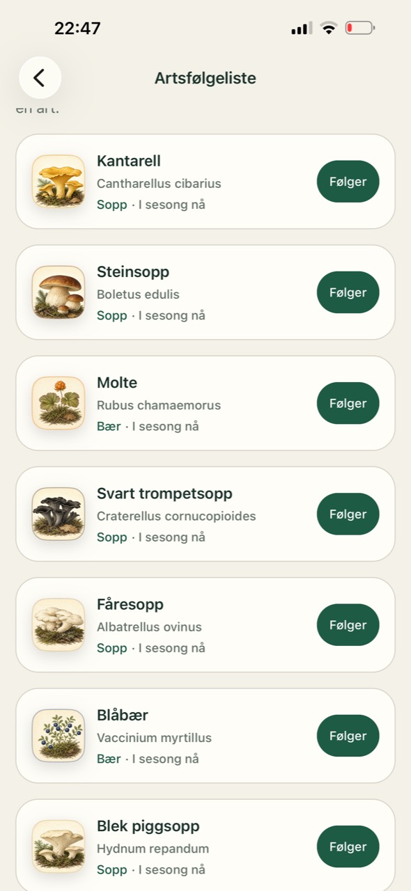 Mycoverse species watchlist with seasonal status